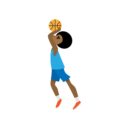 Young african basketball player try to throw ball in basket, at championship match. Flat style. Vector illustration on white background vector