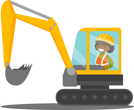 Young african builder driving an excavator