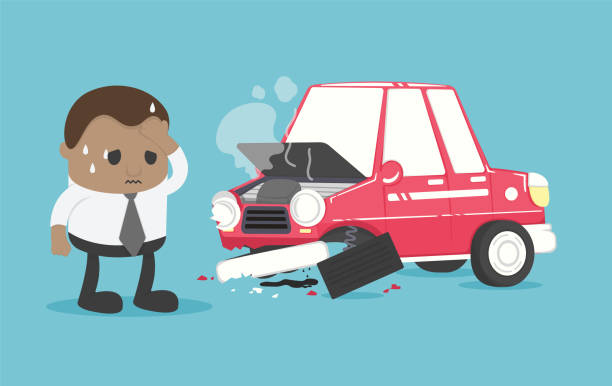 stockillustraties, clipart, cartoons en iconen met de jonge afrikaanse zakenman lijdt aan een autoongeval dat strenge schade aan zijn auto veroorzaakt. - fixing car pain