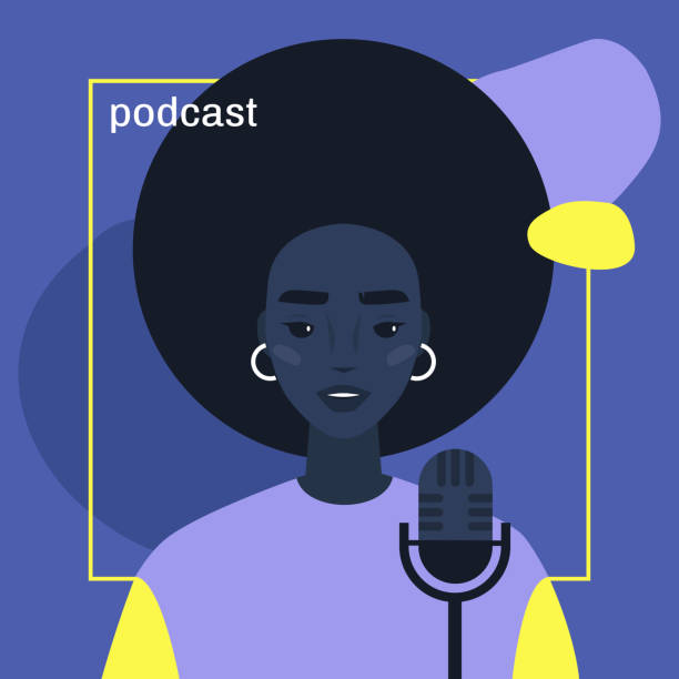 illustrations, cliparts, dessins animés et icônes de jeune caractère féminin africain hébergeant un podcast, modèle d'image de couverture - portrait, fond studio,