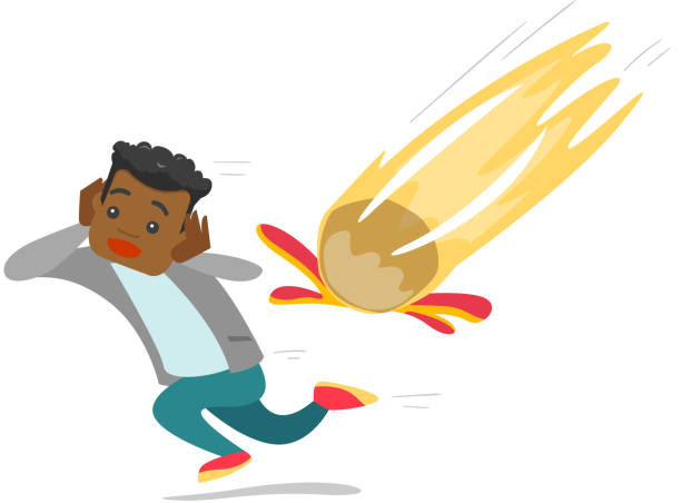 illustrazioni stock, clip art, cartoni animati e icone di tendenza di giovane africano in corsa da meteorite in caduta - lascia cadere palla