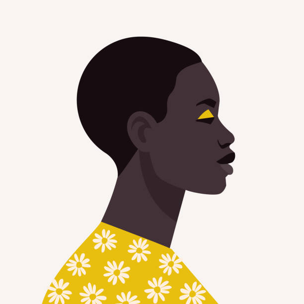 短髮的非洲年輕女人。美麗的雄激素非洲女人的肖像。抽象女性肖像，滿臉。平式庫存向量插圖。 - 非二元性別 插圖 幅插畫檔、美工圖案、卡通及圖標
