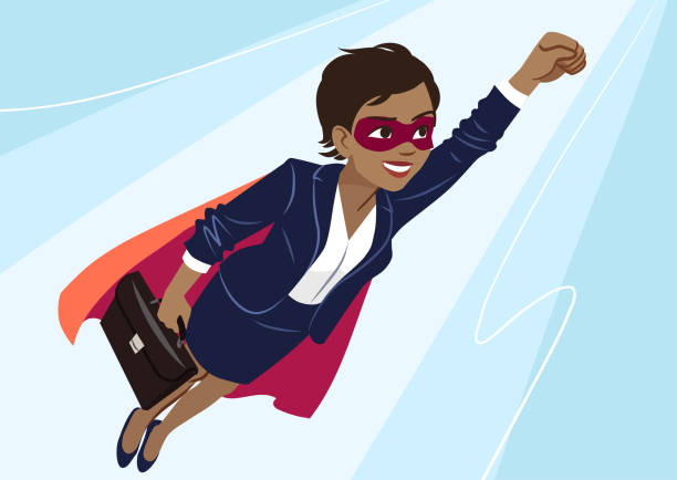 Young African-American superhero woman wearing business suit and cape, flying through air in superhero pose, on aqua background. Vector cartoon character illustration, business, achievement, goals. Young African-American superhero woman wearing business suit and cape, flying through air in superhero pose, on aqua background. Vector cartoon character illustration, business, achievement, goals. superwoman stock illustrations
