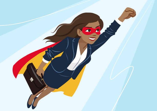 Young African-American superhero woman wearing business suit and cape, flying through air in superhero pose, on aqua background. Vector cartoon character illustration, business, achievement, goals. Young African-American superhero woman wearing business suit and cape, flying through air in superhero pose, on aqua background. Vector cartoon character illustration, business, achievement, goals. black superwoman stock illustrations