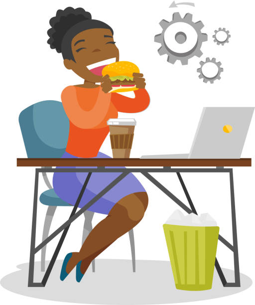 illustrations, cliparts, dessins animés et icônes de jeune femme afro-américaine, manger des hamburger - eating burger