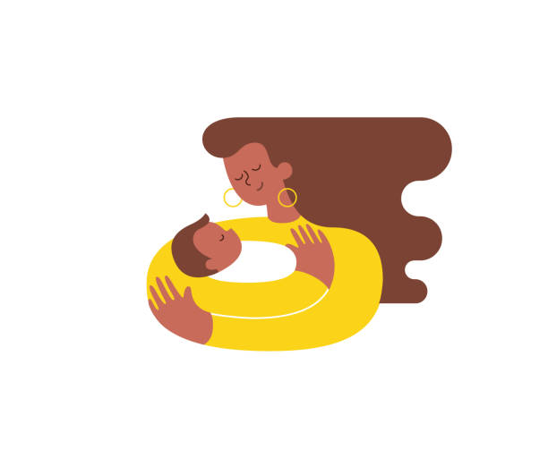 ilustrações de stock, clip art, desenhos animados e ícones de young african-american woman hugging and cuddling her baby boy or girl and nursing him. mother embracing newborn son and expressing love and care. modern illustration. isolated. vector - black mother