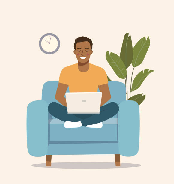 젊은 아프로 미국 남자는 집 인테리어의 의자에 앉아 노트북으로 작업. 벡터 플랫 일러스트레이션 - 앉음 stock illustrations