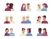 Young and aged couple portraits. Multicultural men and women are together. Diverse people flat vector illustration. Isolated on white background.