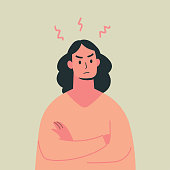 Young angry woman, mad expression, Vector illustration.