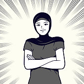 Manga Style Vector Art Illustration.
Young beautiful Muslim woman with hijab, crossed arms, wearing casual clothes, looking into the distance, front view, comics effects lines background.