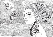 Young beautiful woman and butterfly. Beach, facing out to sea. Black and white doodle coloring book page for adult and children.