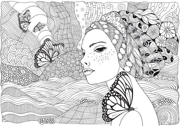 Young beautiful woman and butterfly. Beach, facing out to sea. Black and white doodle coloring book page for adult and children. Young beautiful woman and butterfly. Beach, facing out to sea. Black and white doodle coloring book page for adult and children. adult coloring stock illustrations