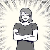 Manga Style Vector Art Illustration.
A young beautiful woman with arms crossed, wearing casual clothes, looking at the camera, comics effects lines background.