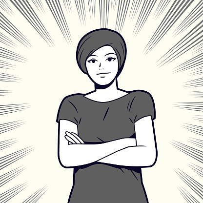 Young beautiful woman with short hair, arms crossed, wearing casual clothes, looking at the camera, comics effects lines background