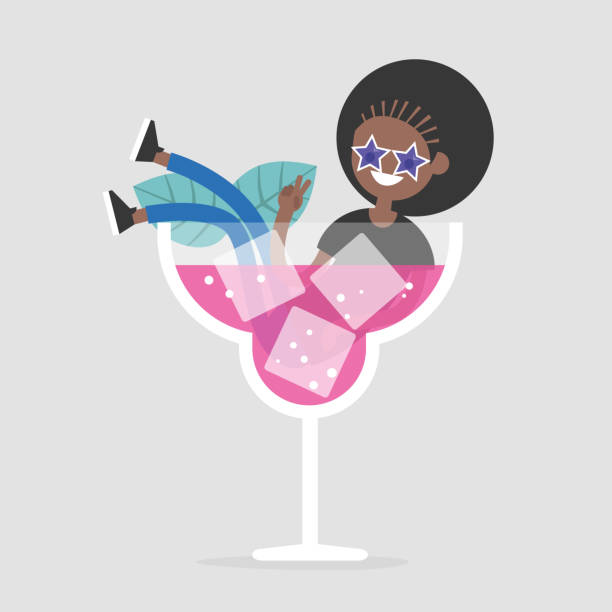 bildbanksillustrationer, clip art samt tecknat material och ikoner med ung svart kvinnlig karaktär sitter i ett stort glas med en cocktail. natt liv koncept. platt redigerbara vektorillustration, clipart - ice bath