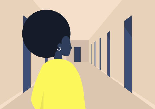 廊下に立つ若い黒人女性キャラクター、ドア付きの空の建物ホール - 退院点のイラスト素材／クリップアート素材／マンガ素材／アイコン素材