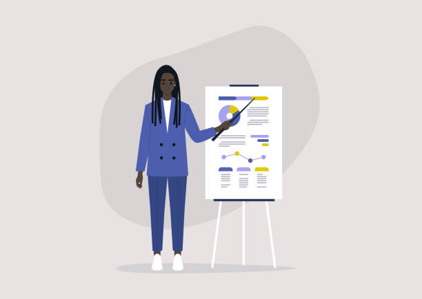 블루 스마트 캐주얼 의상을 입은 젊은 흑인 여성 캐릭터, 비즈니스 미팅, 연구 발표 - presentation stock illustrations