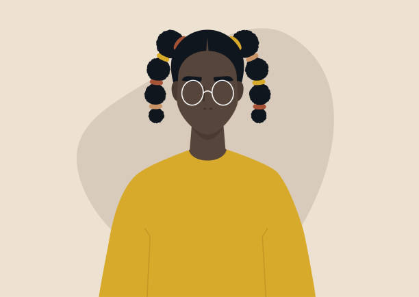 stockillustraties, clipart, cartoons en iconen met een jong zwart vrouwelijk karakter dat twee vlechten, een tienerkapsel draagt - hair braid