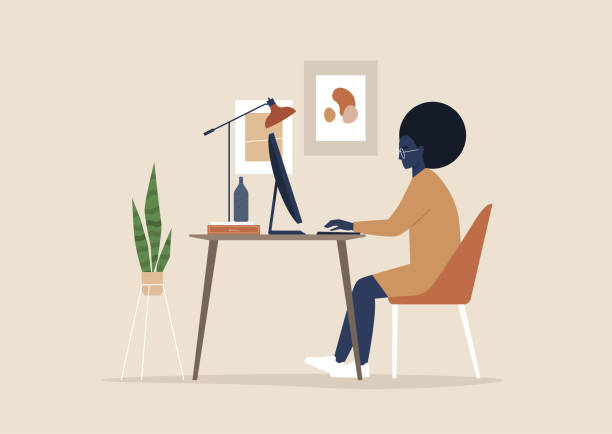 Young black female character working at the office, posters and plants, cozy workplace interior, millennials at work Young black female character working at the office, posters and plants, cozy workplace interior, millennials at work entrepreneur clipart stock illustrations