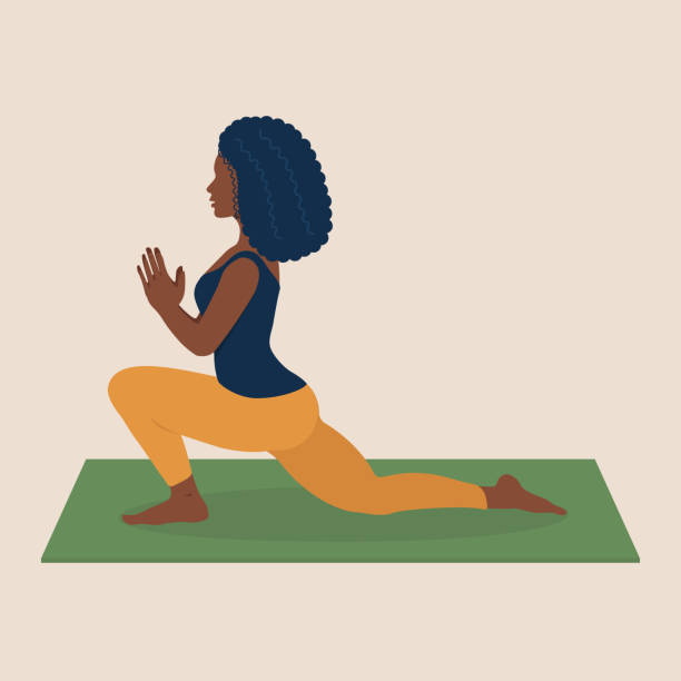Young black woman doing yoga exercise on mat in home Young black woman doing yoga exercise on mat in home. Beautiful black woman with lush hair is engaged in sports. Yoga at home. Gentle background. Healthy lifestyle. Flat vector illustration yoga clipart stock illustrations