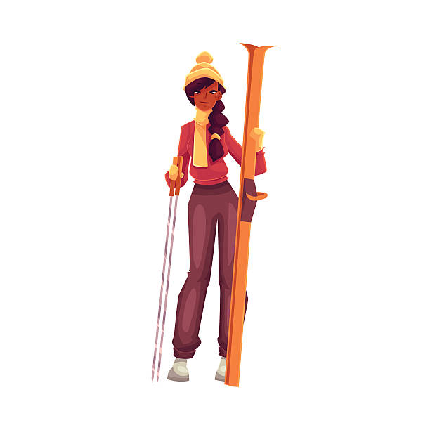 stockillustraties, clipart, cartoons en iconen met young black woman with ski and poles - posing with ski