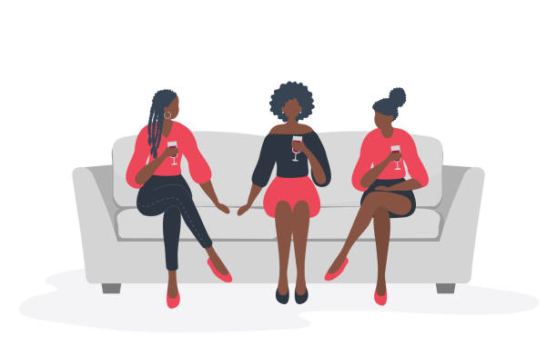 Young black women are sitting on the sofa and drinking wine vector art illustration