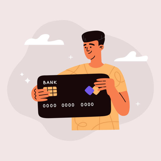 Young boy holding a big credit card. Concept of secure electronic payment, transfer money vector art illustration
