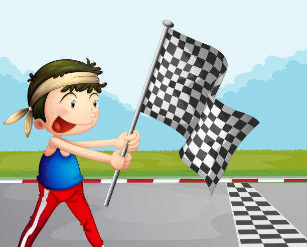 Young boy holding a checkered banner Young boy holding a checkered banner finishing photos stock illustrations