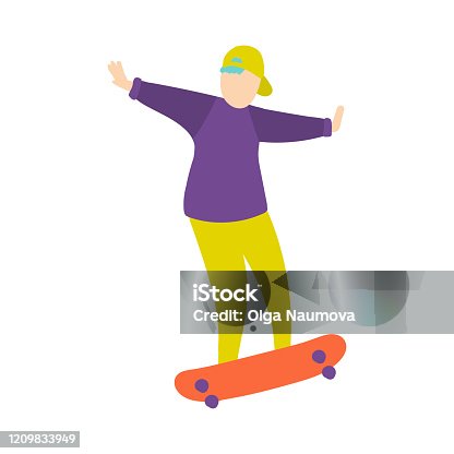 istock Young boy in green baseball cap does trick on skateboard 1209833949