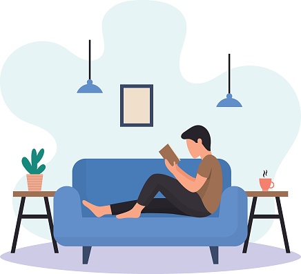 Young boy reading book while sitting on couch Concept, Barefoot Man Lying Down On Sofa Vector Icon Design, Weekly holiday Activity Symbol, Week Rest Day Sign, Lazy weekend people Stock illustration