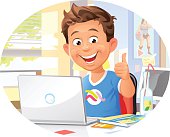 A laughing young boy in his room using a laptop and gesturing thumbs up. EPS 10, grouped and labeled in layers.