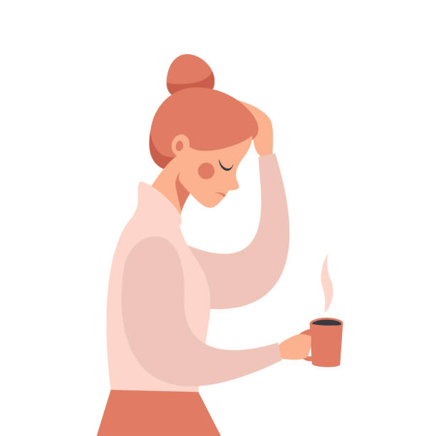 junge geschäftsfrau mit schweren kopfschmerzen hält die hand am kopf - hand holding coffee stock-grafiken, -clipart, -cartoons und -symbole