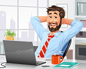 Vector illustration of a young businessman with a beard sitting in his office or at home in front of a laptop, leaning back in his chair and relaxing. Concept for work and relaxation, taking a break, working at home and satisfaction.