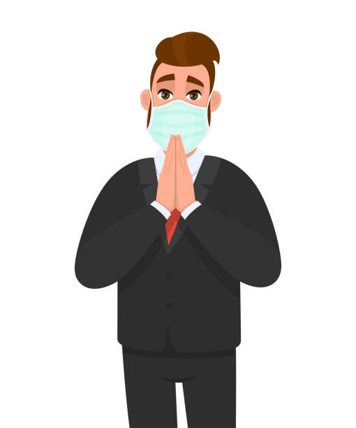 Young businessman wearing medical mask and praying hands. Trendy hipster person gesturing palms together. Male character covering face protection from virus. Cartoon illustration design in vector. Young businessman wearing medical mask and praying hands. Trendy hipster person gesturing palms together. Male character covering face protection from virus. Cartoon illustration design in vector. namaste greeting stock illustrations