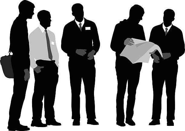 Young Businessmen A vector silhouette illustration of five young business men standing together.  Two men looking over a newspaper while the other three are engaged in onversation.  Two men wear name tags. newspaper silhouettes stock illustrations