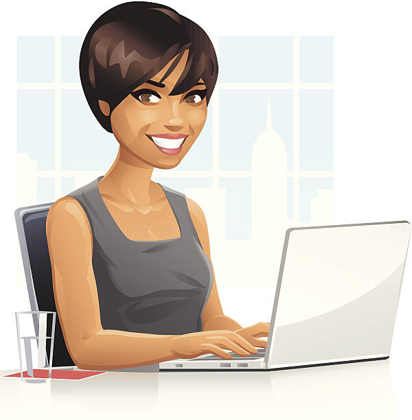 Young Businesswoman Using Laptop A young woman in front of a window using a laptop. EPS 8, grouped and labeled in layers. short hair stock illustrations