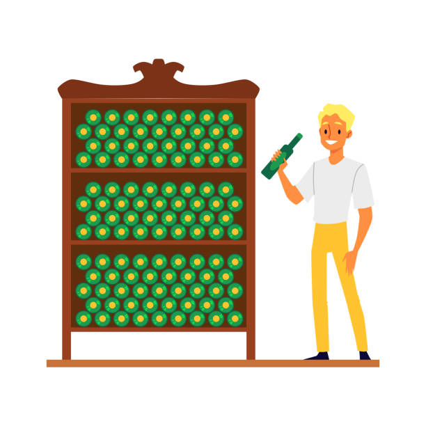 ilustrações de stock, clip art, desenhos animados e ícones de young caucasian man blond stands at the wine shelves in the cellar for storing bottles of wine. - blonde man trying food