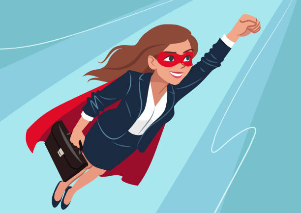 Young Caucasian superhero woman wearing business suit and cape, flying through air in superhero pose, on aqua background. Vector cartoon character illustration, business, achievement, goals theme. Young Caucasian superhero woman wearing business suit and cape, flying through air in superhero pose, on aqua background. Vector cartoon character illustration, business, achievement, goals theme. superwoman stock illustrations