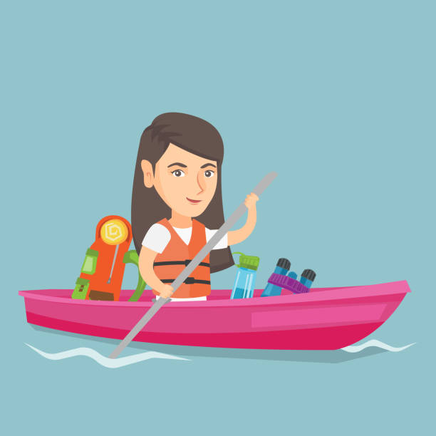 bildbanksillustrationer, clip art samt tecknat material och ikoner med unga kaukasiska kvinna rider en kajak - woman kayaking