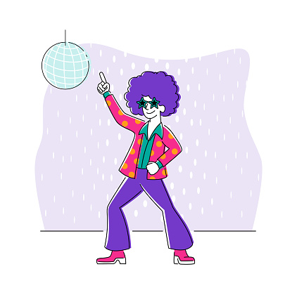 Young Character Dancing on Disco Party. Man in Fashioned Retro Clothing and Hairstyle Celebrating Holiday, Spending Time Moving to Music Rhythm, Happy Leisure and Sparetime. Linear Vector Illustration