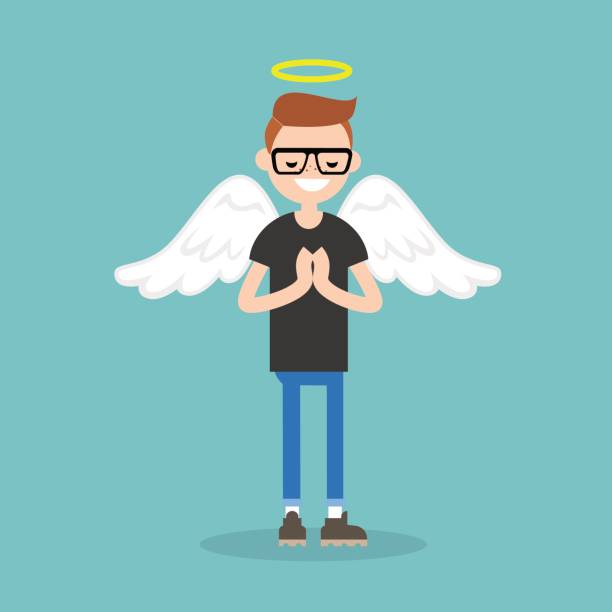 Young character wearing angel costume: nimbus and wings / flat editable vector illustration, clip art  saints stock illustrations