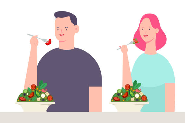 stockillustraties, clipart, cartoons en iconen met jong koppel salade eten. vector stripfiguur van man en vrouw. gezonde voeding illustratie geïsoleerd op een witte achtergrond. - woman eating