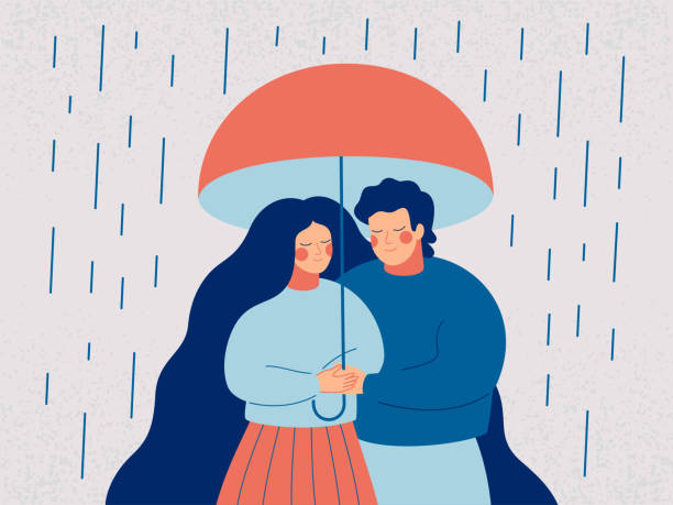 Young couple embrace each other with love and care. Young couple embrace each other with love and care. Happy man and woman hide from the rain under an open umbrella. Concept of the Valentine day. rain illustrations stock illustrations