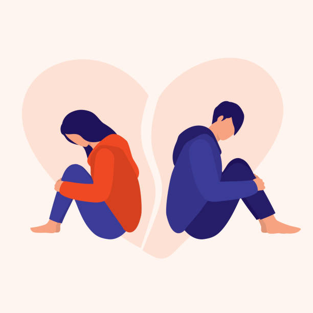 Young Couple Having A Breakup. Relationship Difficulties Concept. Vector Flat Cartoon Illustration. Sad Man And Woman Sitting Back To Back With Broken Heart Background. unhappy couple stock illustrations