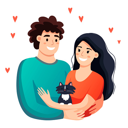 Young couple in love are hugging and holding a kitten in their hands. Cartoon family characters. Template for greeting card or invitation.