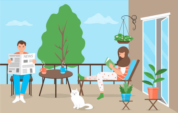 illustrazioni stock, clip art, cartoni animati e icone di tendenza di una giovane coppia si rilassa sul balcone. - young man read newspaper