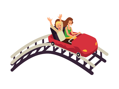 Young couple man and woman enjoying of rollercoaster in amusement park
