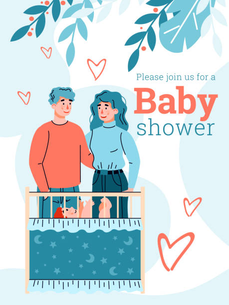stockillustraties, clipart, cartoons en iconen met jong paar ouders met een pasgeboren baby een vectorillustratie - wiegman