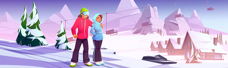 Young couple on ski resort, outdoor activity.
