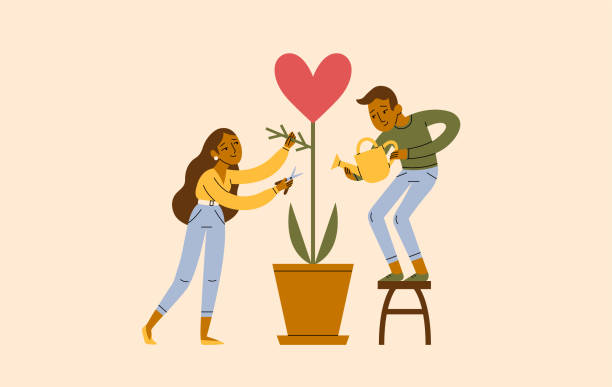 A Young Couple Work Together To Improve Their Love Relationship A young man and woman work together to grow their love and improve their committed relationship. couple relationship stock illustrations